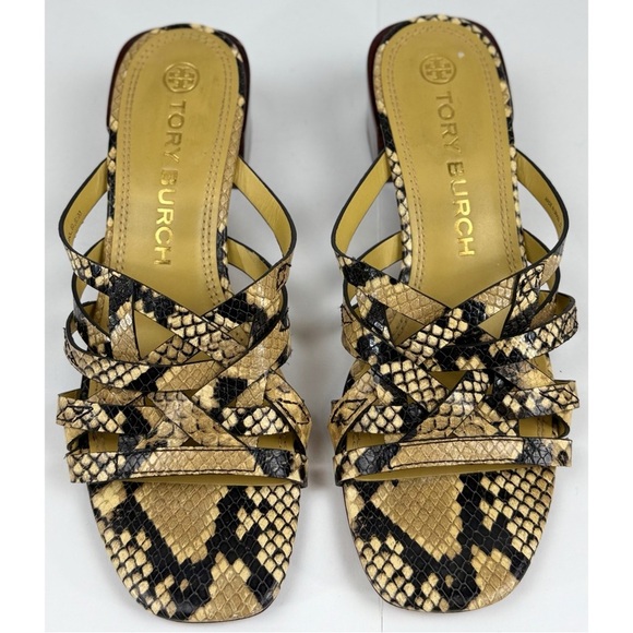 Tory Burch Basketweave Block Heel Snake Print Leather Sandals, size 8.5 - Picture 2 of 9